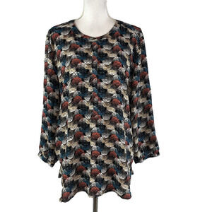 JM Collection Blouse Tunic sz XXL Blue Salmon Gold Circles Career Modest Church